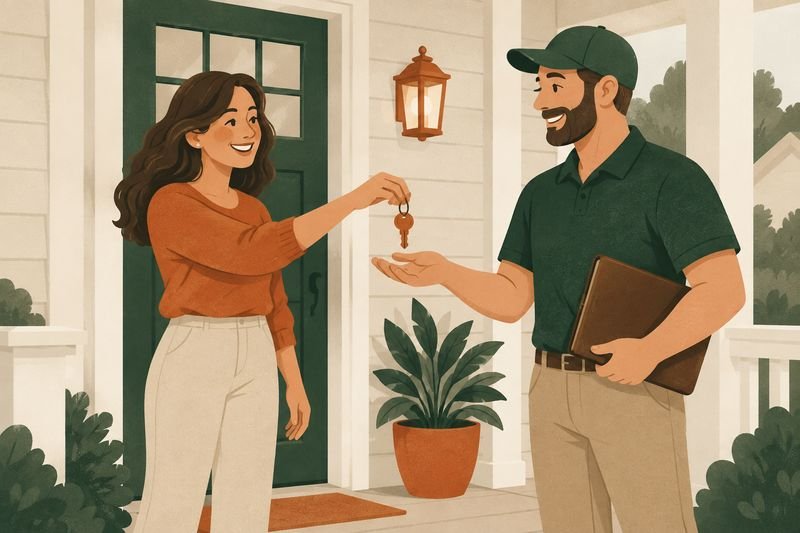 A smiling homeowner hands her house keys to a buyer on her front porch